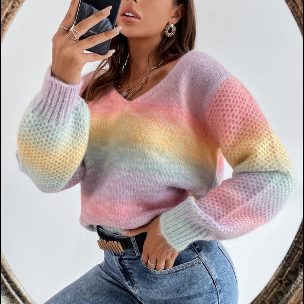 Cozy Color Block V Neck Long Sleeve Sweater Top - Picture 3 of 6